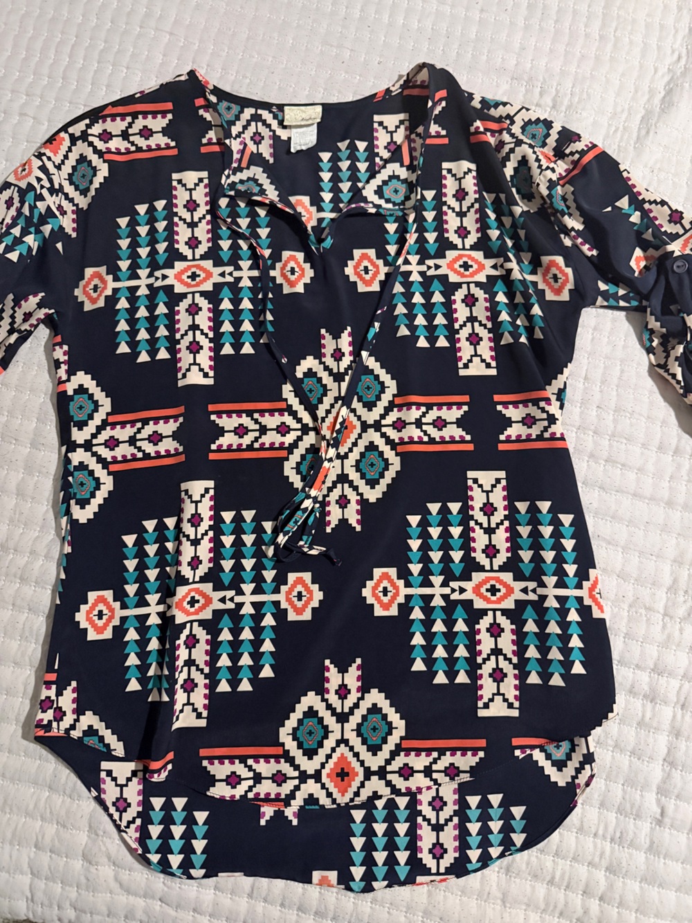 Daytrip Navy Aztec Print Blouse with Teal, Coral & Cream Accents